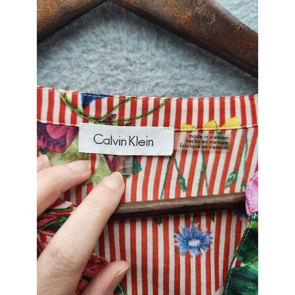 Calvin Klein Womens Floral Print Button-Up Blouse Size L 100% Polyester Red/Mult - Picture 2 of 5